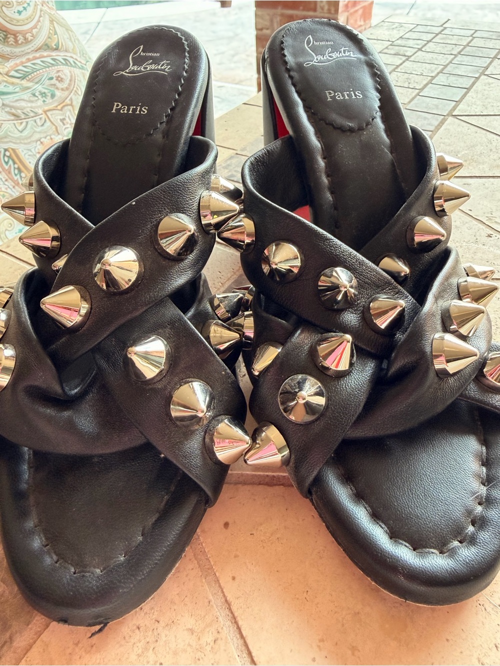 Christian Louboutin Black Leather Studded Slide Mules